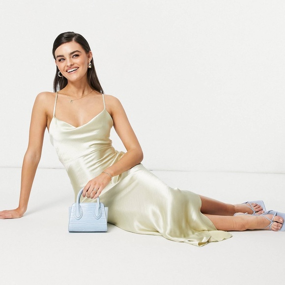 Maxi slip dress in high shine satin with lace up back in oyster - Picture 3 of 4